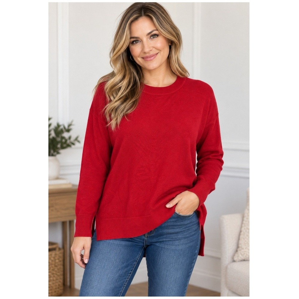 Tahari Women's S/P Red Crew Neck Knit Sweater High Low Hem Long Sleeve Pullover